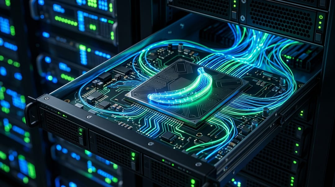 A glowing microchip with a curved, banana-like nano-structure illuminated by blue and green fiber optic lights inside a modern server rack