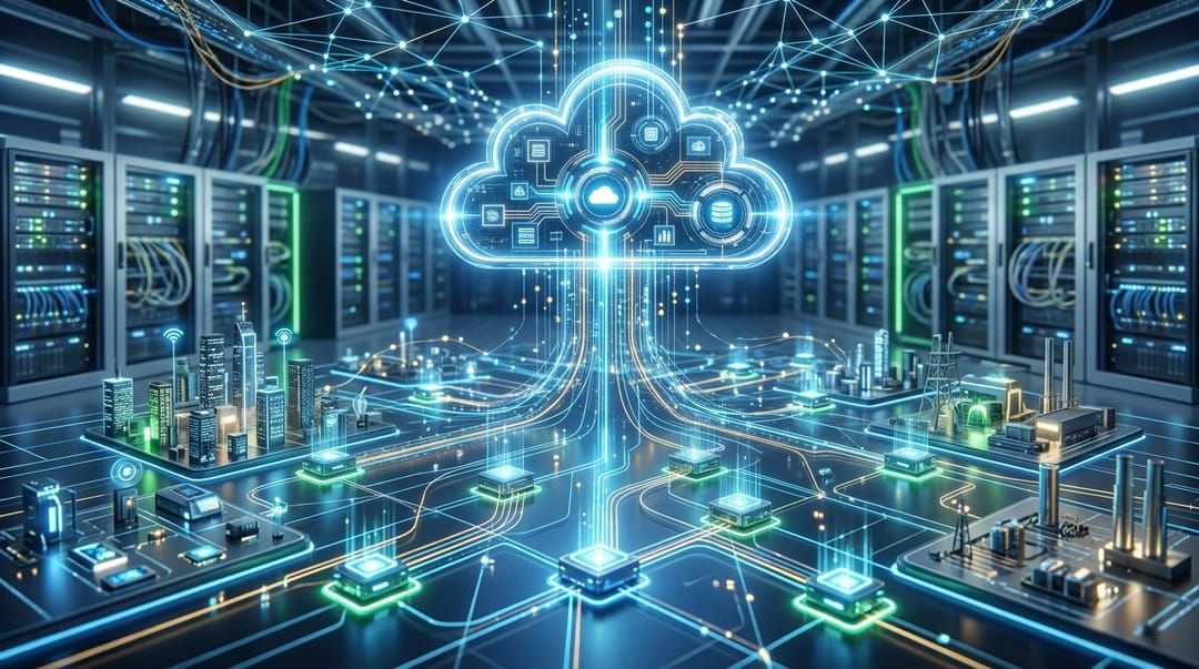 A conceptual architecture diagram showing localized edge computing nodes connecting seamlessly to a centralized cloud system, labeled prominently as the NanoBanana2 framework