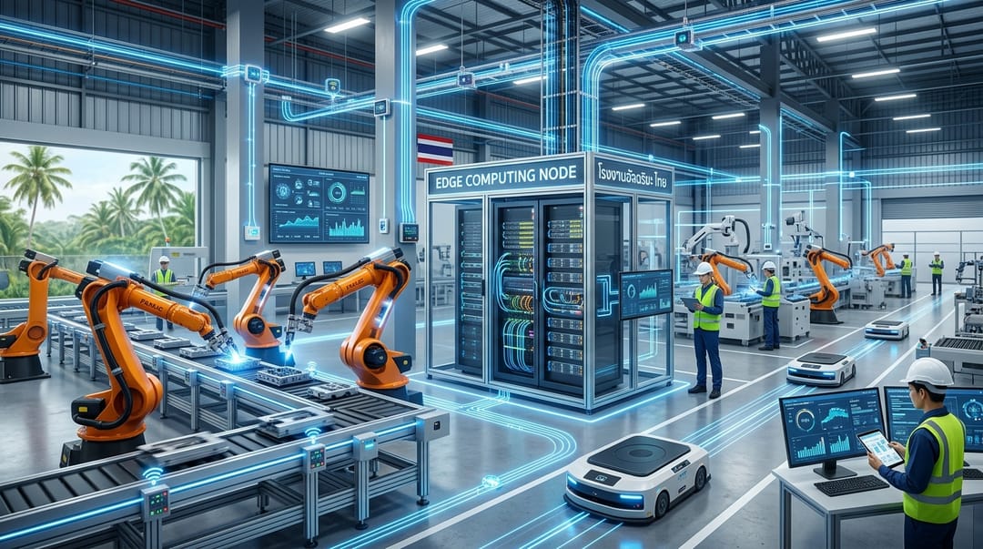 A modern Thai manufacturing plant integrating smart IoT sensors and automated robotic arms powered by illuminated edge computing networks