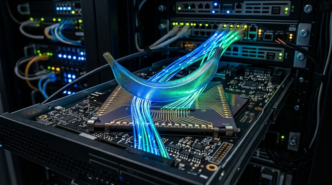 A glowing microchip with a curved, banana-like nano-structure illuminated by blue and green fiber optic lights inside a modern server rack