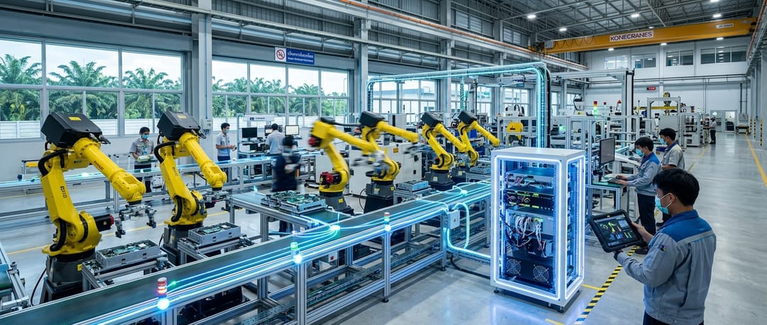 A modern Thai manufacturing plant integrating smart IoT sensors and automated robotic arms powered by illuminated edge computing networks