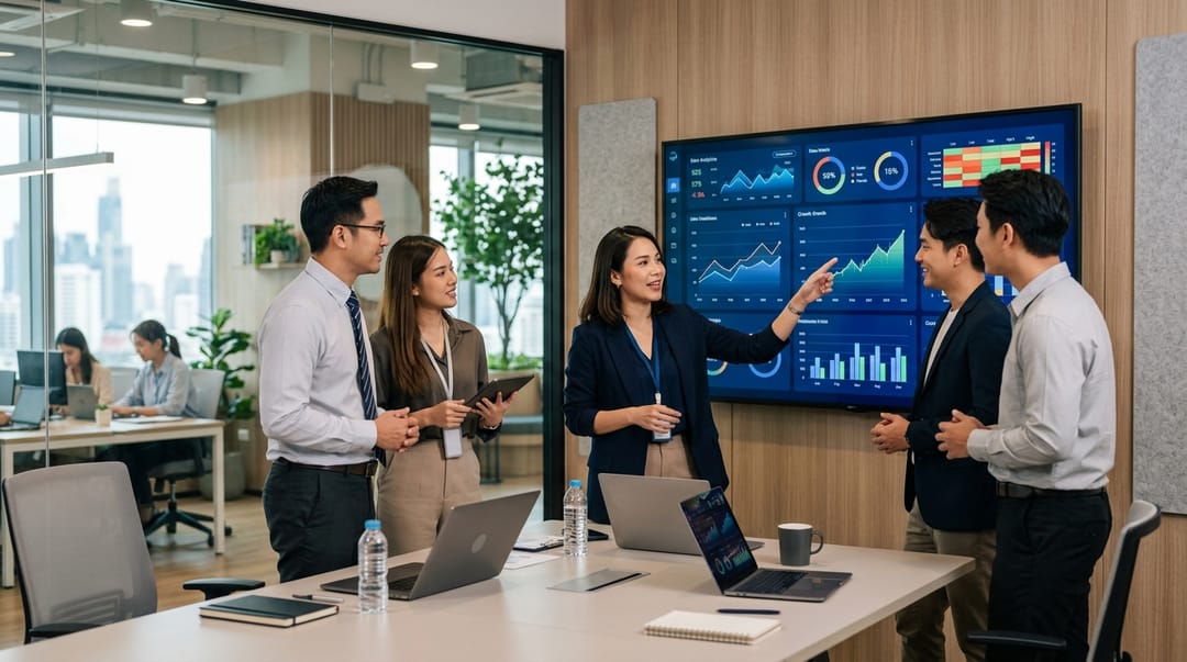 A modern office setting where a diverse team of Thai business professionals is looking at a dashboard displaying AI analytics and growth charts on a large screen, professional lighting