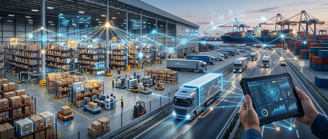 A conceptual illustration of Artificial Intelligence integrated into supply chain management, showing glowing digital nodes connecting warehouse inventory, shipping trucks, and a mobile device