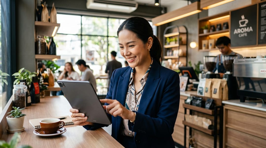 A close-up of a Thai business owner smiling and using a tablet in a modern coffee shop or small retail store, representing successful AI implementation for SMEs