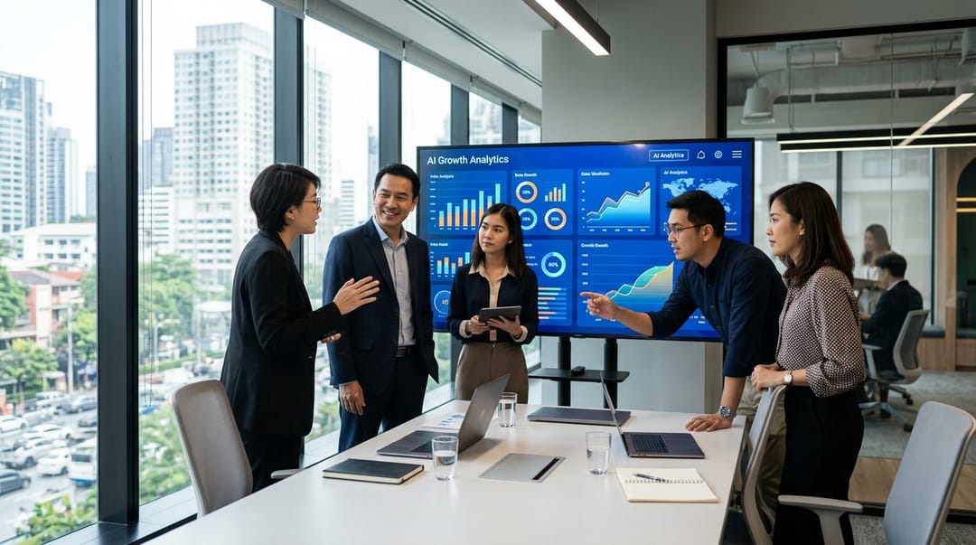 A modern office setting where a diverse team of Thai business professionals is looking at a dashboard displaying AI analytics and growth charts on a large screen, professional lighting