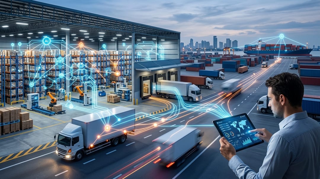 A conceptual illustration of Artificial Intelligence integrated into supply chain management, showing glowing digital nodes connecting warehouse inventory, shipping trucks, and a mobile device