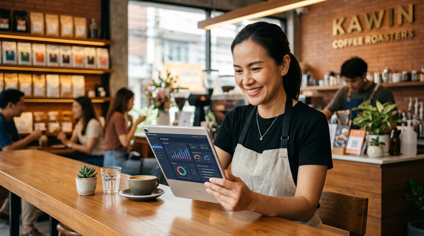 A close-up of a Thai business owner smiling and using a tablet in a modern coffee shop or small retail store, representing successful AI implementation for SMEs