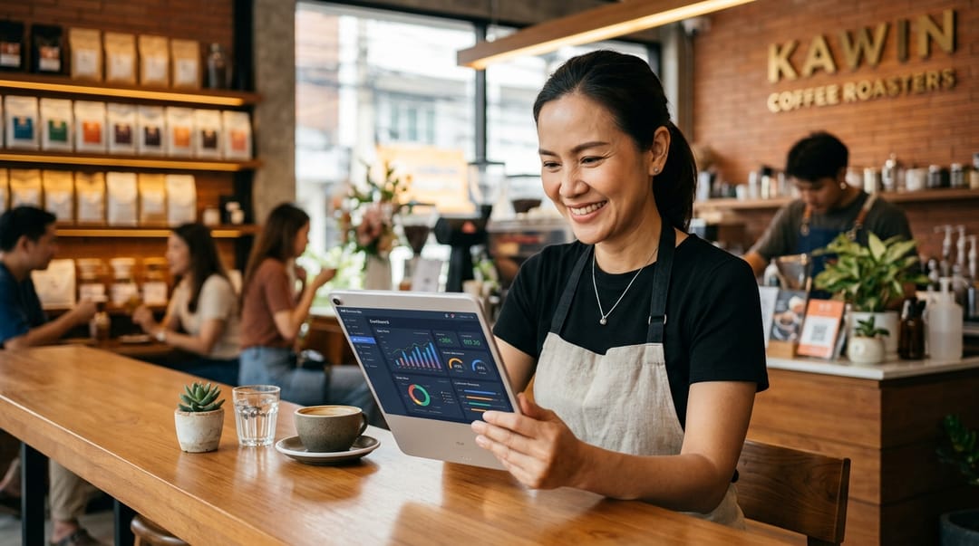 A close-up of a Thai business owner smiling and using a tablet in a modern coffee shop or small retail store, representing successful AI implementation for SMEs