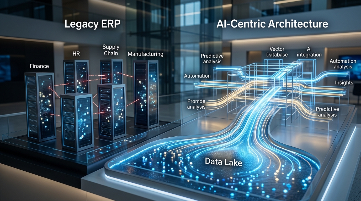 แผนภาพเปรียบเทียบระหว่างระบบ Legacy ERP แบบดั้งเดิมที่เป็นไซโล กับ สถาปัตยกรรม AI-Centric สมัยใหม่ที่แสดงการไหลของข้อมูลจาก Data Lake สู่ Vector Database และระบบ MLOps (AI integration strategies)
