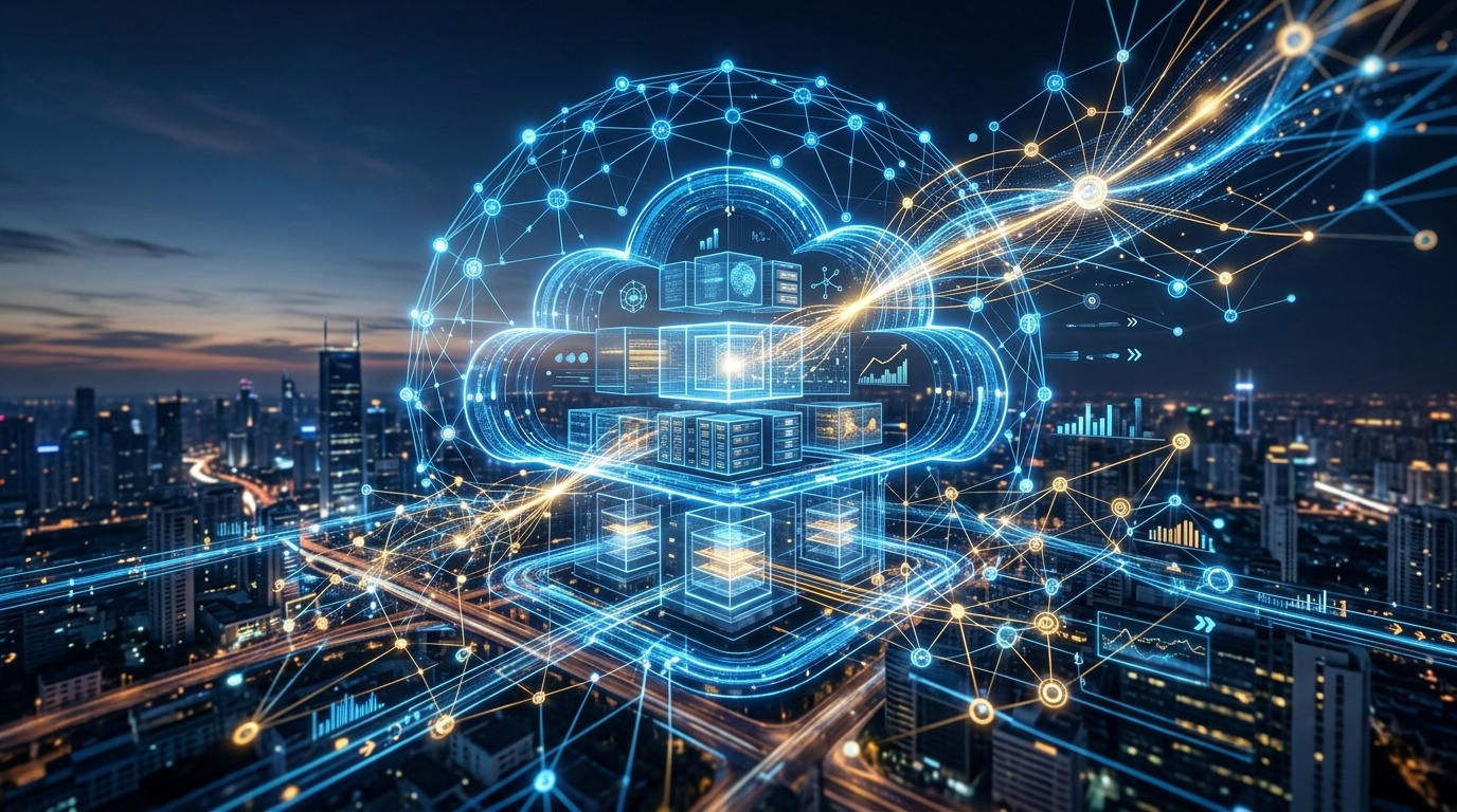 A futuristic visualization of cloud architecture overlaid with glowing neural networks in blue and gold tones, representing enterprise-grade AI-centric infrastructure and data pipelines.