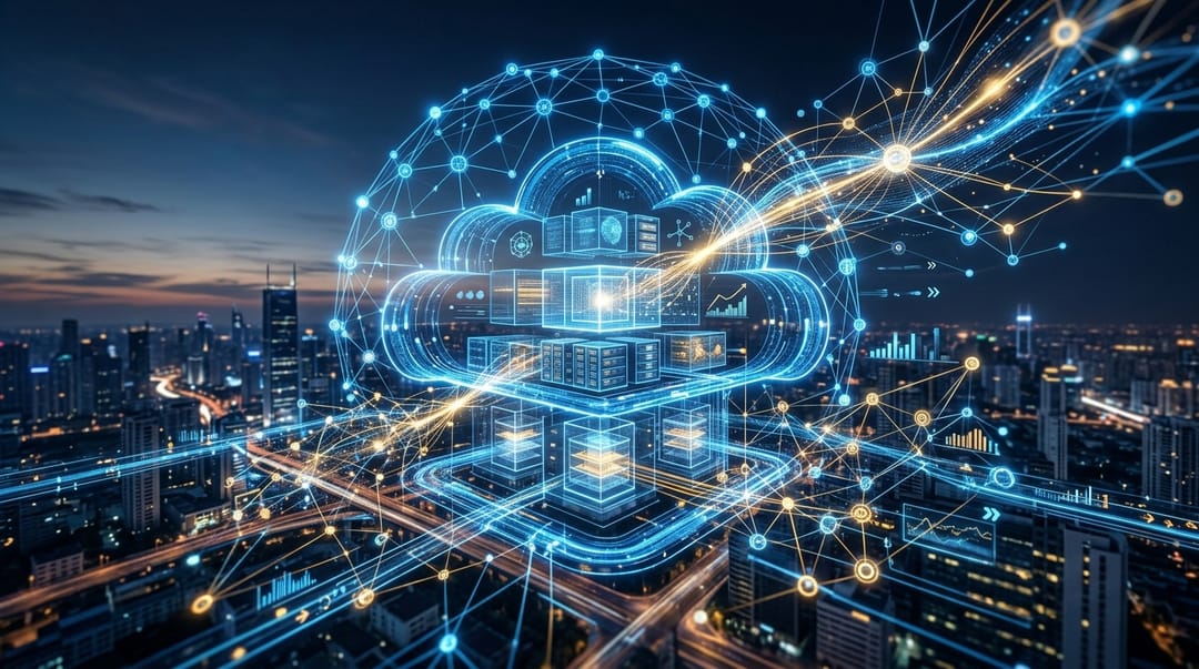 A futuristic visualization of cloud architecture overlaid with glowing neural networks in blue and gold tones, representing enterprise-grade AI-centric infrastructure and data pipelines.