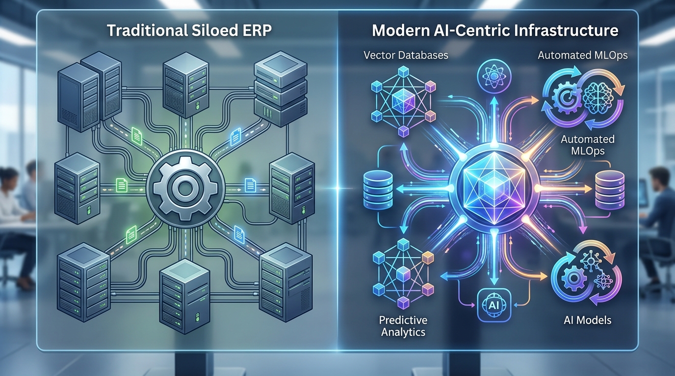 A comparative architecture diagram showing the transition from a traditional siloed ERP system (batch processing) to a modern AI-centric infrastructure featuring real-time data lakes, vector databases, and automated MLOps integration strategies.