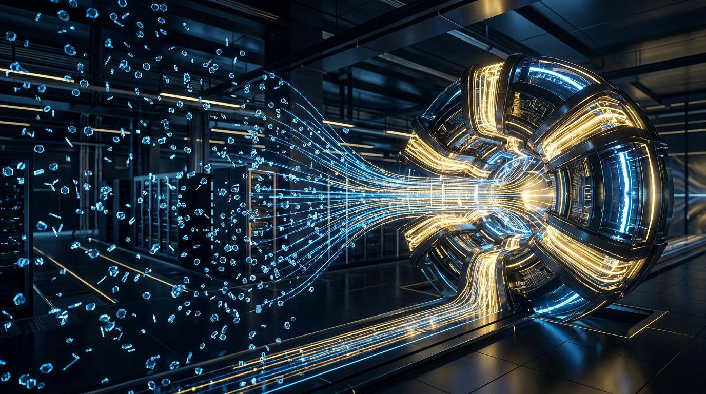 Architectural visualization showing scattered raw data nodes merging into a glowing, streamlined vector database core, representing modernized AI data infrastructure, dark tech theme with blue and gold accents