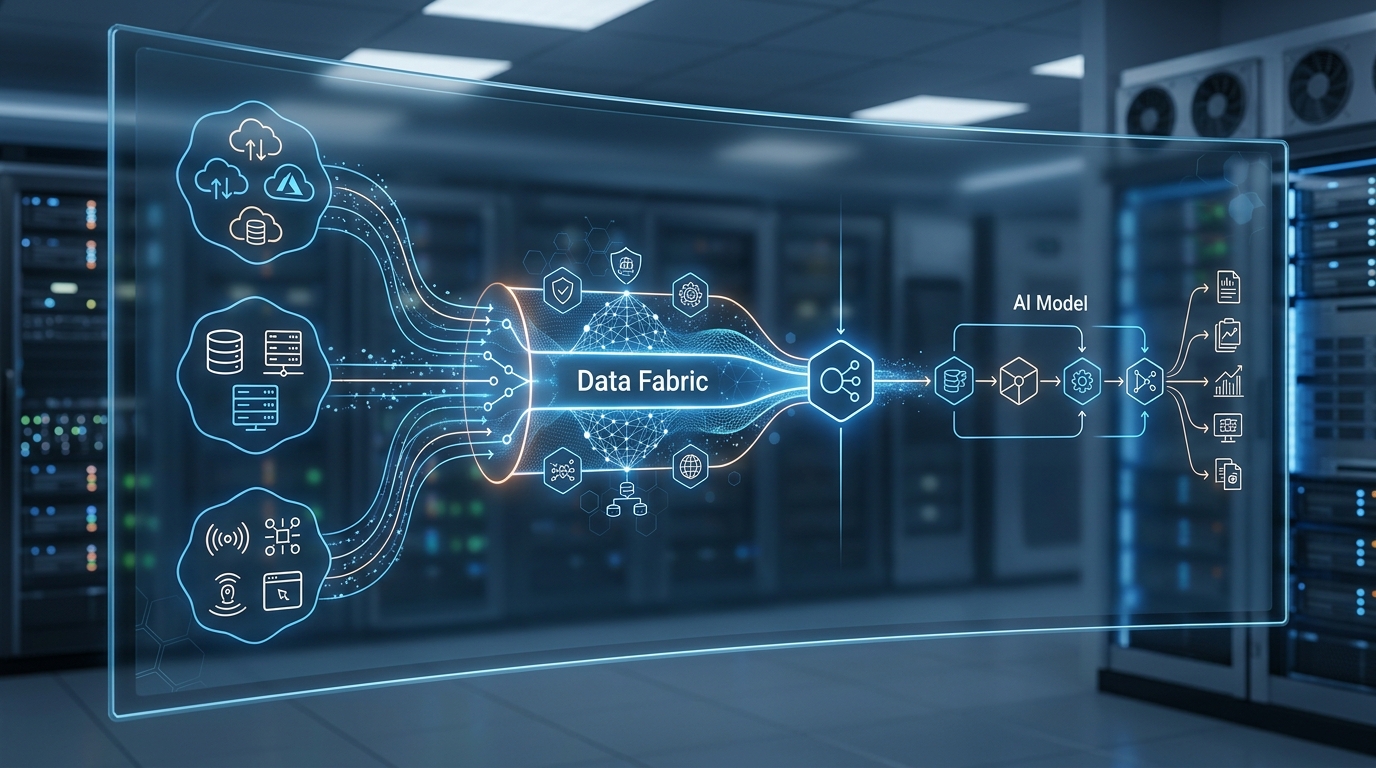System architecture diagram showing a Data Fabric layer unifying disparate multi-cloud sources (AWS, Azure, GCP) into a single logical access point feeding an AI Model pipeline