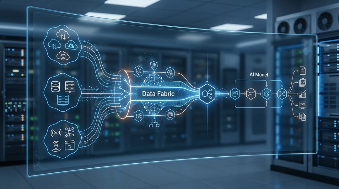 System architecture diagram showing a Data Fabric layer unifying disparate multi-cloud sources (AWS, Azure, GCP) into a single logical access point feeding an AI Model pipeline