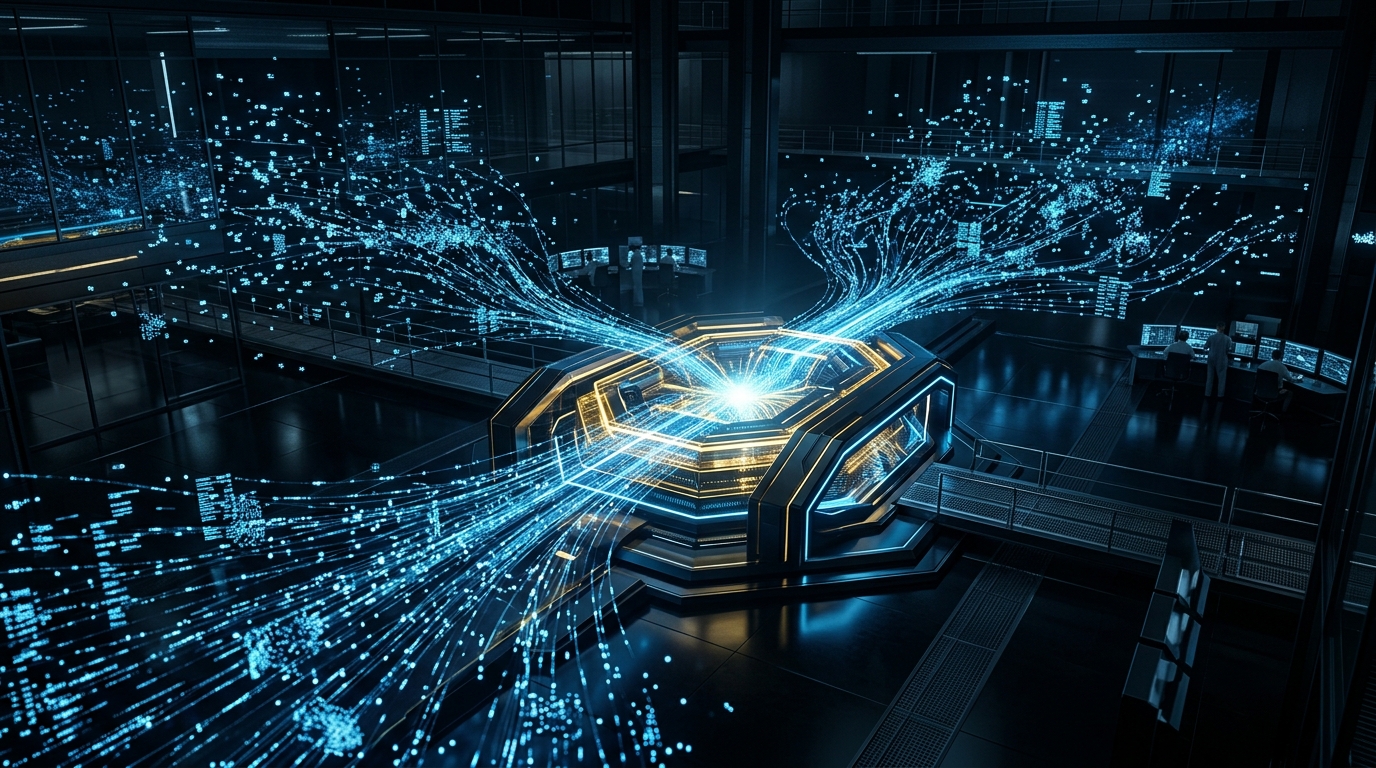 Architectural visualization showing scattered raw data nodes merging into a glowing, streamlined vector database core, representing modernized AI data infrastructure, dark tech theme with blue and gold accents