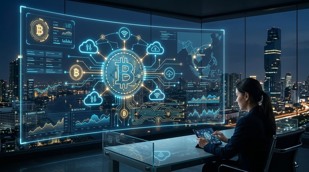 Cover image featuring a high-tech, futuristic dashboard blending Thai currency symbols (THB) with cloud computing icons, representing a modern financial and technological transformation for businesses in Southeast Asia.