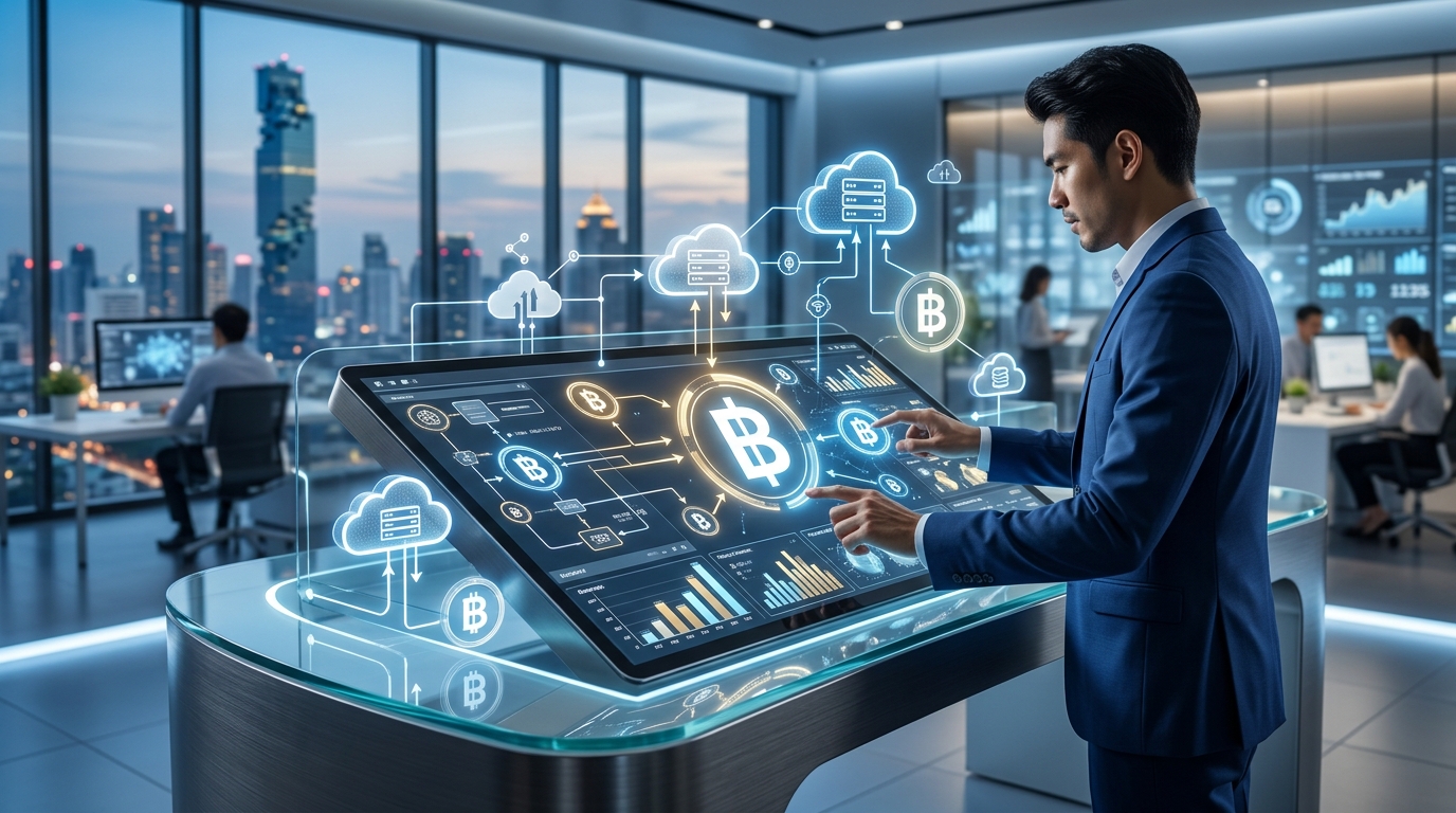 Cover image featuring a high-tech, futuristic dashboard blending Thai currency symbols (THB) with cloud computing icons, representing a modern financial and technological transformation for businesses in Southeast Asia.