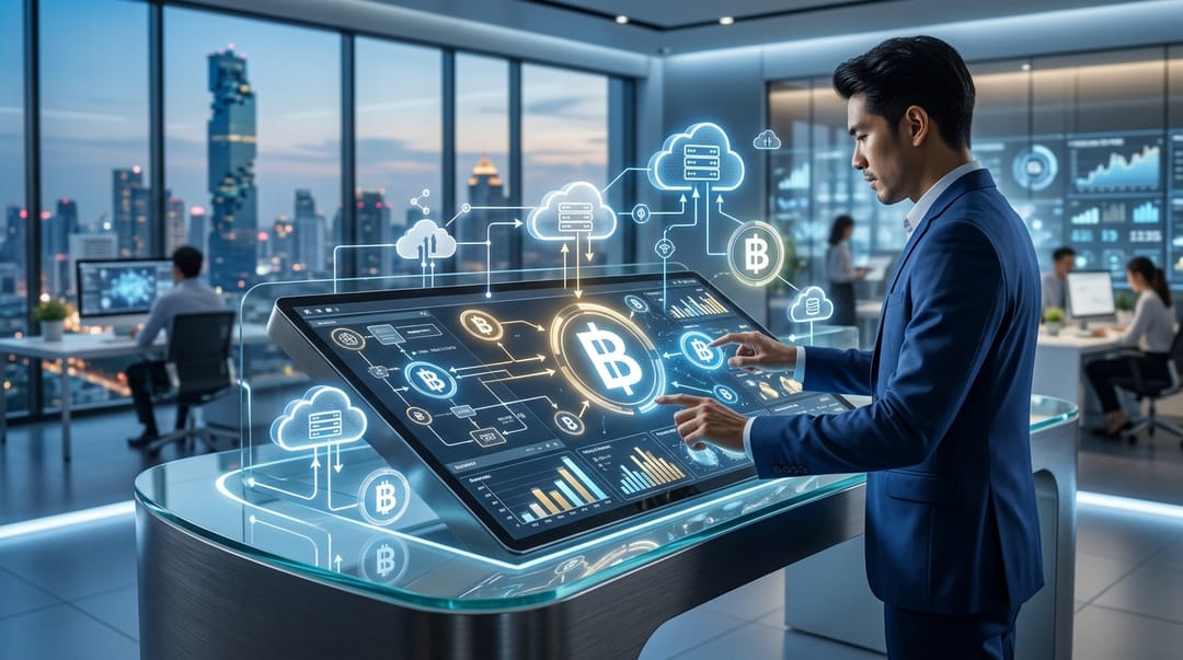 Cover image featuring a high-tech, futuristic dashboard blending Thai currency symbols (THB) with cloud computing icons, representing a modern financial and technological transformation for businesses in Southeast Asia.
