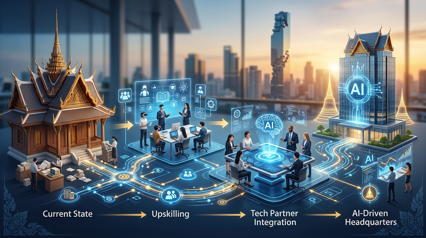 A conceptual data flow diagram showing a traditional Thai enterprise transforming into an AI-driven organization through upskilling and tech partner integration, styled in professional corporate blue and gold.