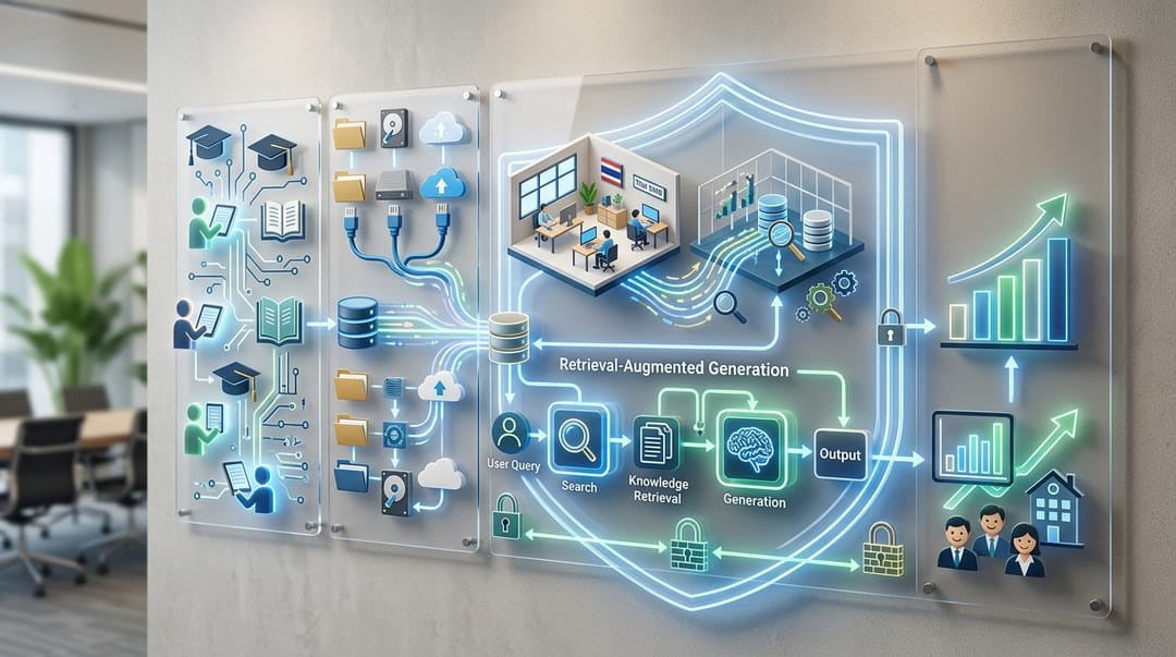Step-by-step architectural workflow diagram illustrating the progression from basic AI literacy training to advanced RAG (Retrieval-Augmented Generation) implementation for Thai SMBs within a secure internal network.