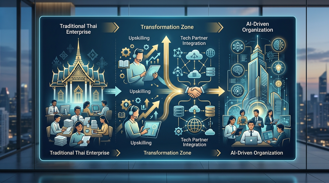 A conceptual data flow diagram showing a traditional Thai enterprise transforming into an AI-driven organization through upskilling and tech partner integration, styled in professional corporate blue and gold.
