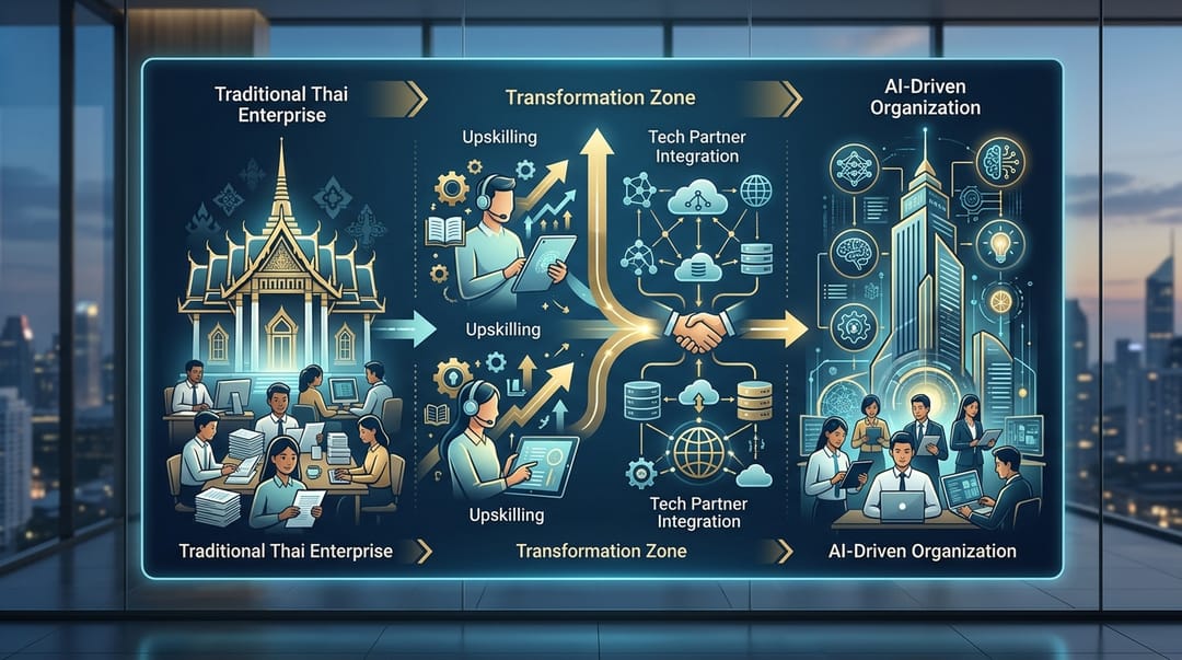 A conceptual data flow diagram showing a traditional Thai enterprise transforming into an AI-driven organization through upskilling and tech partner integration, styled in professional corporate blue and gold.