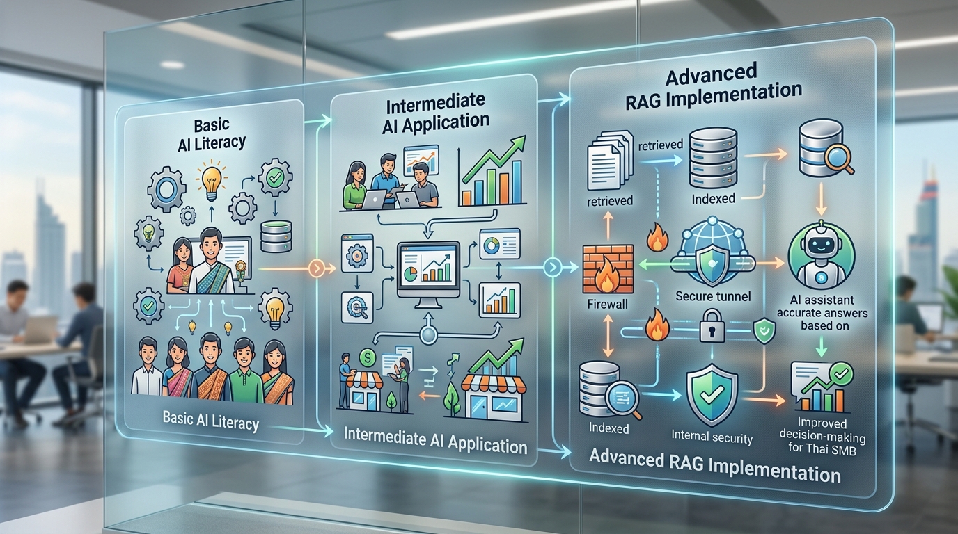 Step-by-step architectural workflow diagram illustrating the progression from basic AI literacy training to advanced RAG (Retrieval-Augmented Generation) implementation for Thai SMBs within a secure internal network.