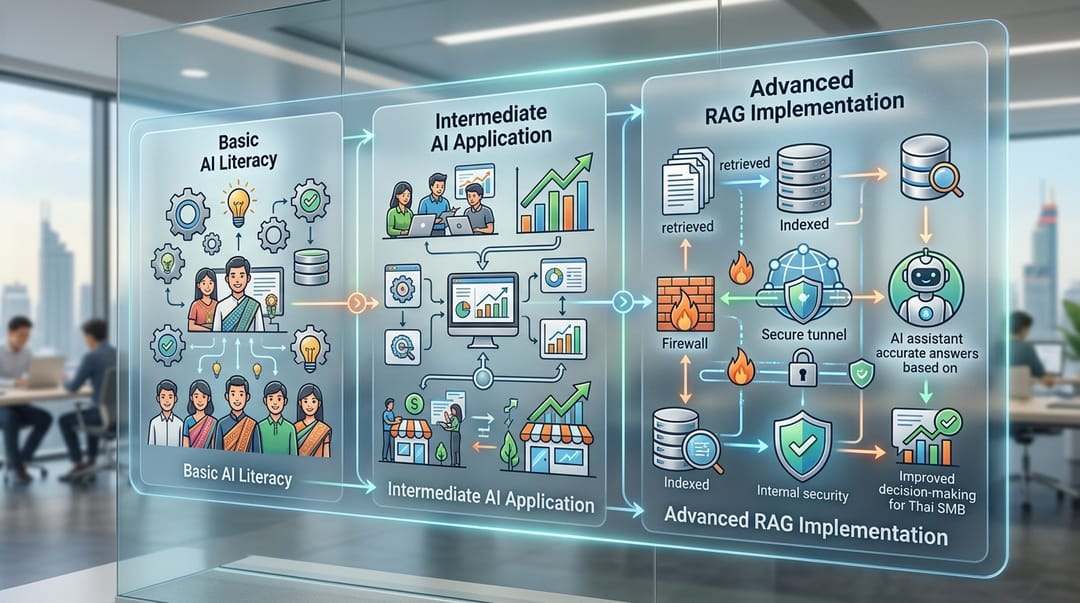 Step-by-step architectural workflow diagram illustrating the progression from basic AI literacy training to advanced RAG (Retrieval-Augmented Generation) implementation for Thai SMBs within a secure internal network.