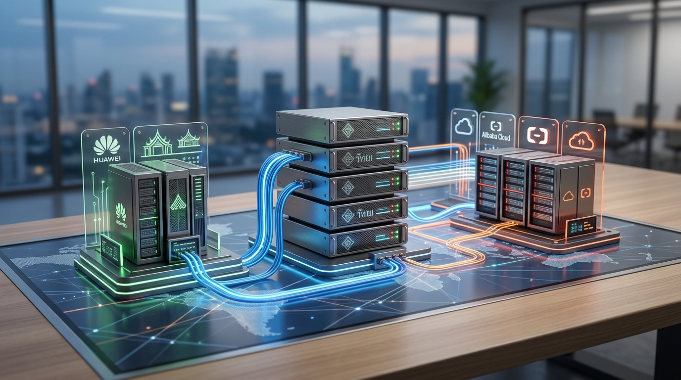 ไดอะแกรมสถาปัตยกรรมระบบแสดงการทำงานของ Multi-cloud ที่บูรณาการระบบ On-premise ของธุรกิจไทยเข้ากับ Local Node ของ Huawei และ Alibaba Cloud เพื่อลด Latency ในการประมวลผลข้อมูลระดับวินาที