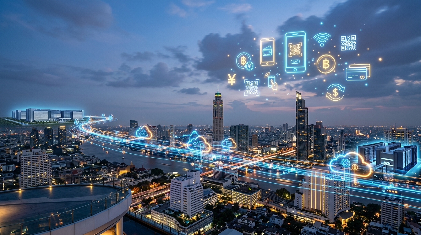 High-tech visualization of a digital bridge connecting data centers between China and Thailand, with glowing cloud infrastructure nodes and mobile payment icons hovering over the Bangkok skyline.