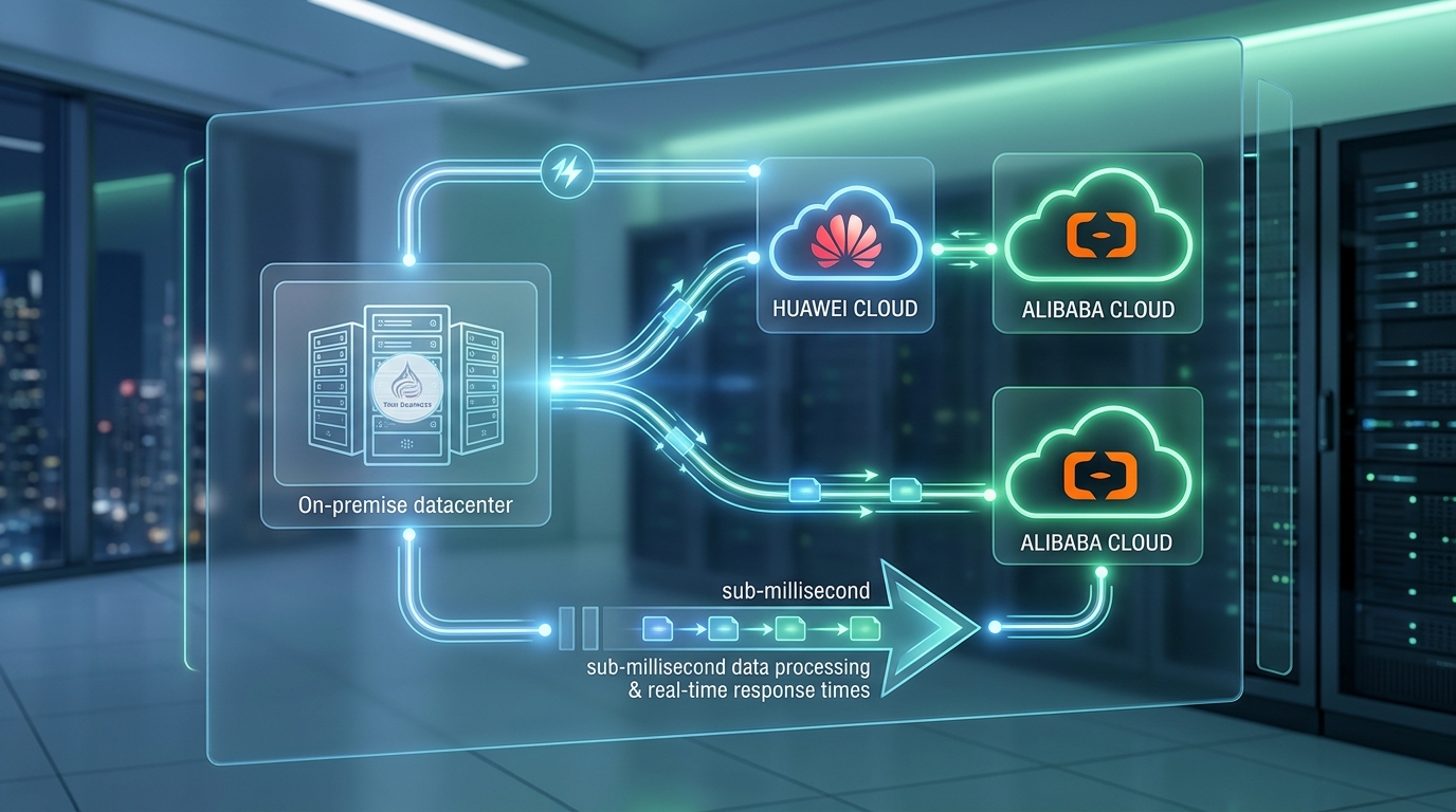 Architectural system diagram showing a multi-cloud setup integrating a Thai business's on-premise servers with local Huawei and Alibaba Cloud nodes to achieve sub-millisecond processing latency.