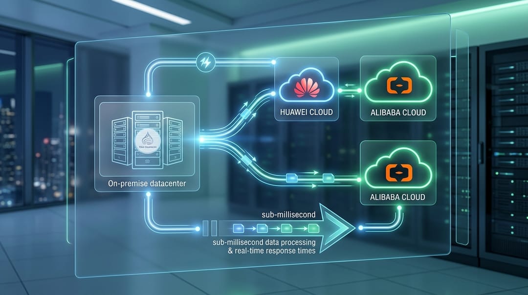 Architectural system diagram showing a multi-cloud setup integrating a Thai business's on-premise servers with local Huawei and Alibaba Cloud nodes to achieve sub-millisecond processing latency.