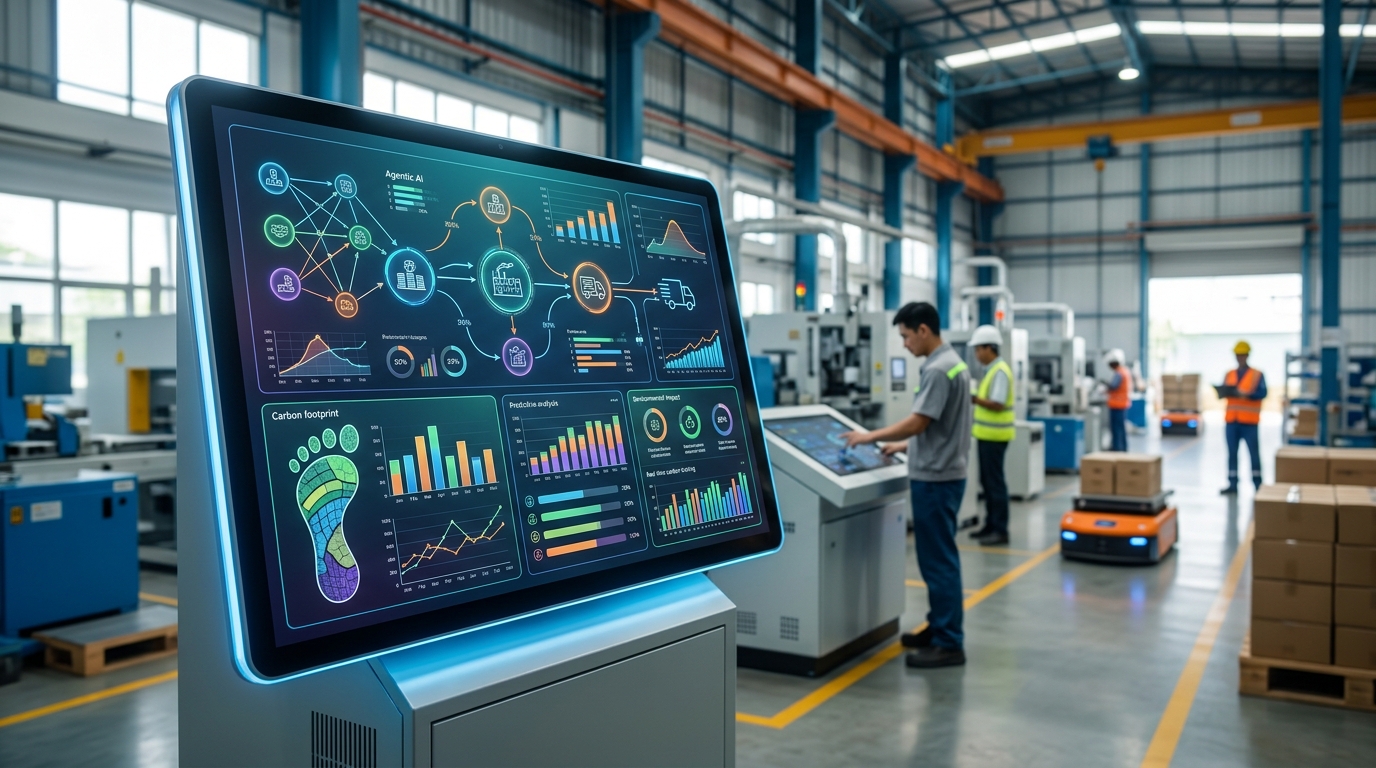 แดชบอร์ดอัจฉริยะที่แสดงการทำงานของ Agentic AI สำหรับ SME ไทย แสดงข้อมูลไฮเปอร์ออโตเมชันของซัพพลายเชนและตัวชี้วัดบัญชีคาร์บอนแบบเรียลไทม์ โดยมีฉากหลังเป็นโรงงานอุตสาหกรรมในเอเชียตะวันออกเฉียงใต้