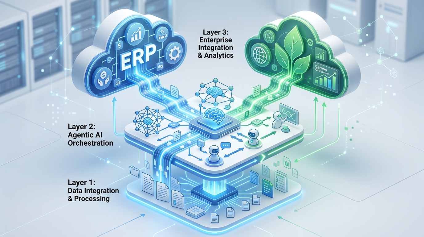 ไดอะแกรมแสดงสถาปัตยกรรม 3 ชั้นของ Hyper-automation Framework แสดงการไหลของข้อมูลจากเอกสารผ่าน Agentic AI และไปสู่ระบบ ERP และระบบคำนวณคาร์บอน