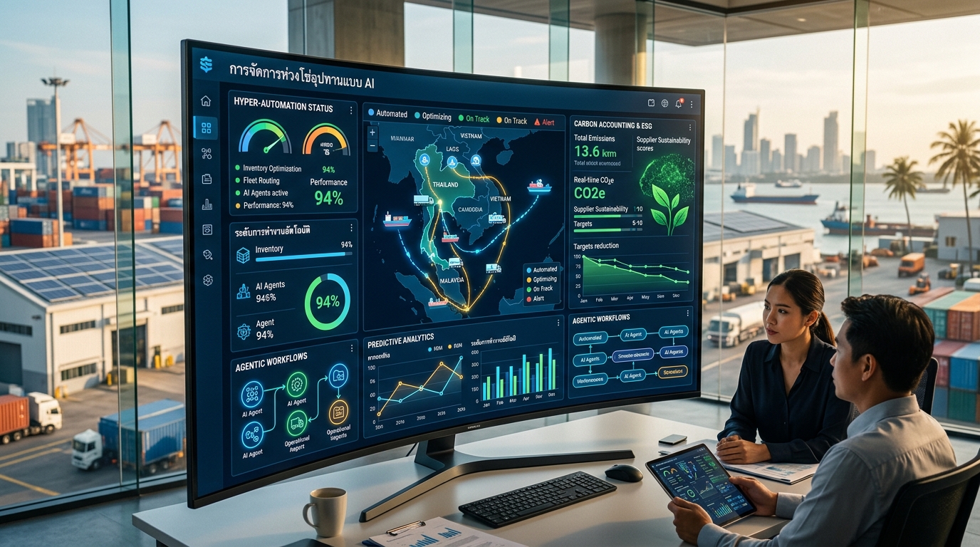 An advanced dashboard visualization showing Agentic AI for Thai SMEs managing supply chain hyper-automation and real-time carbon accounting metrics, with Southeast Asian industrial elements in the background.