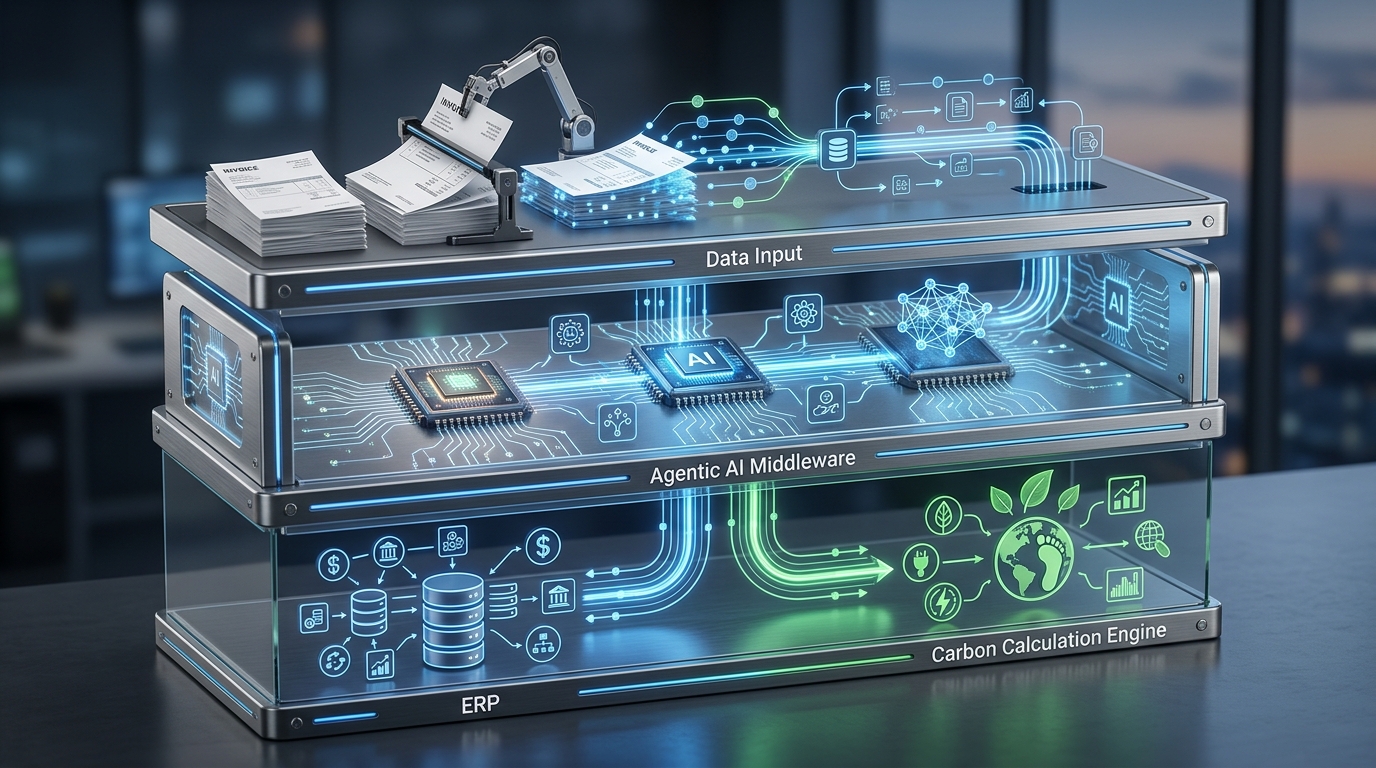 A 3-layer pipeline diagram of a Hyper-automation Framework, showing data flowing from physical invoices through Agentic AI middleware, branching out to an ERP and a Carbon Calculation Engine.