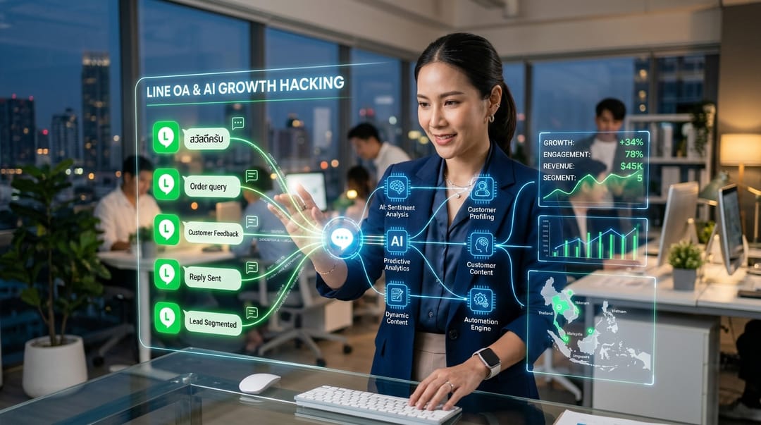 A sleek, professional cover image featuring a Thai business owner in a modern office analyzing a glowing holographic dashboard that connects LINE OA chat bubbles to AI processing nodes, symbolizing advanced AI growth hacking strategies for Southeast Asian businesses.