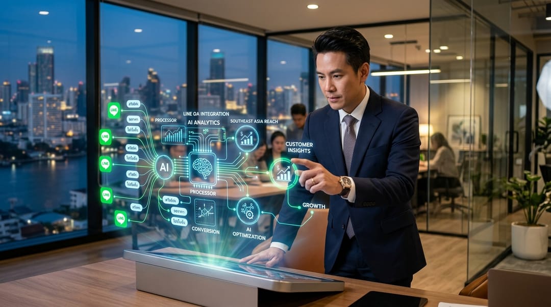 A sleek, professional cover image featuring a Thai business owner in a modern office analyzing a glowing holographic dashboard that connects LINE OA chat bubbles to AI processing nodes, symbolizing advanced AI growth hacking strategies for Southeast Asian businesses.