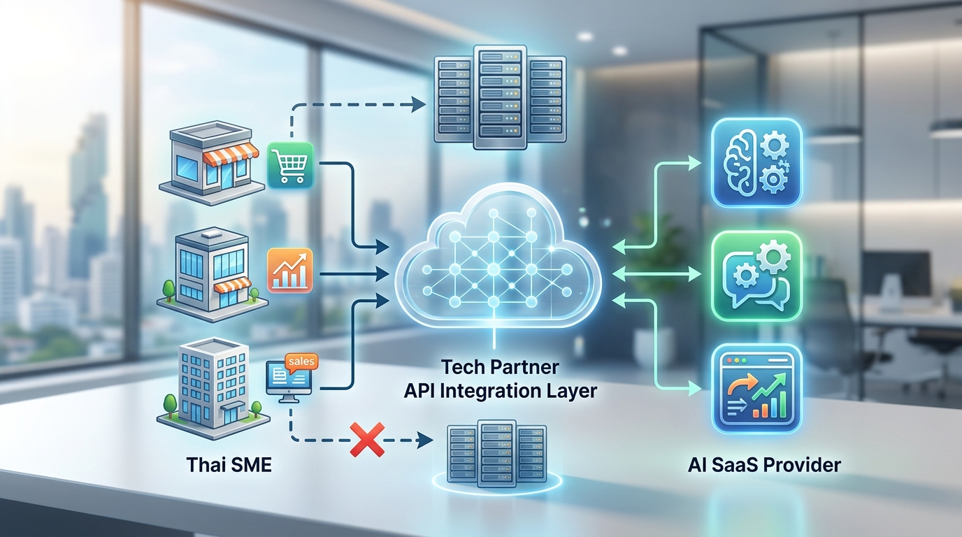 แผนภาพสถาปัตยกรรมระบบแสดงให้เห็นว่า SME ไทยสามารถบูรณาการโซลูชัน AI แบบ SaaS ผ่าน API ของพันธมิตรด้านเทคโนโลยี โดยไม่ต้องลงทุนสร้างโครงสร้างพื้นฐานเซิร์ฟเวอร์ด้วยตนเอง เน้นย้ำบทบาทของพันธมิตรด้านเทคโนโลยี AI ในไทย