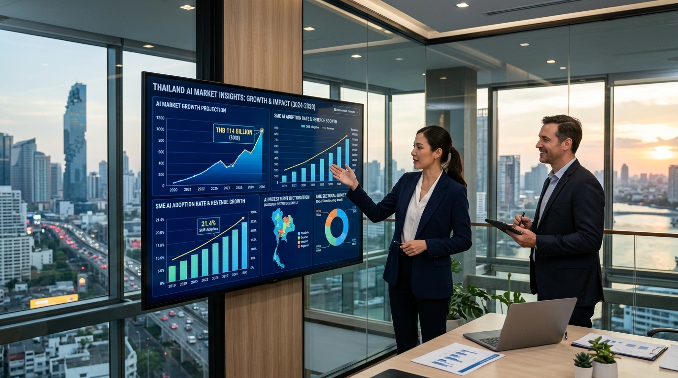 A professional data-driven dashboard showing Thailand's 114 billion baht AI projection overlaid with SME growth metrics in a modern Bangkok business setting, emphasizing Thailand AI market growth