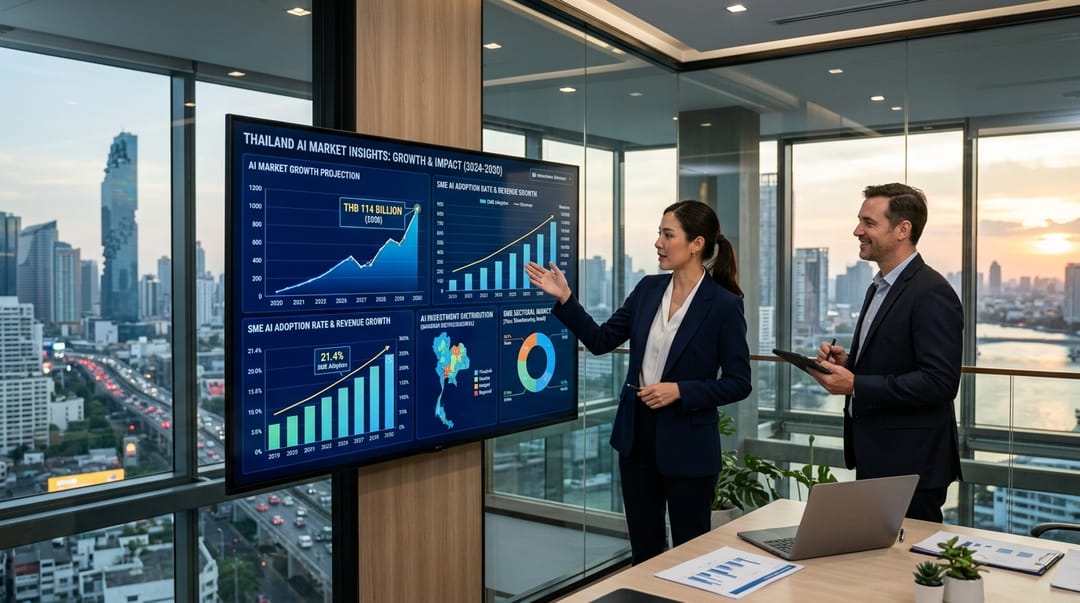 A professional data-driven dashboard showing Thailand's 114 billion baht AI projection overlaid with SME growth metrics in a modern Bangkok business setting, emphasizing Thailand AI market growth