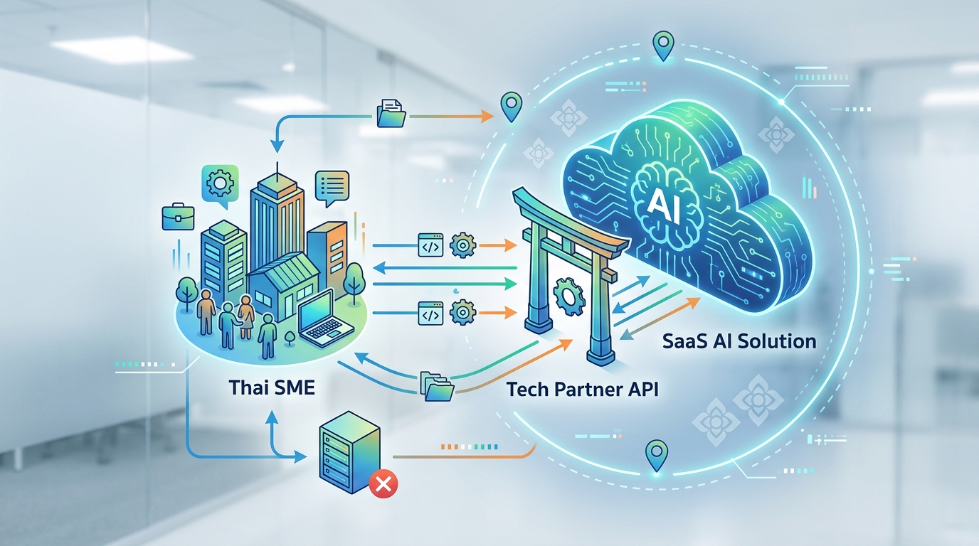 A conceptual architecture diagram showing how a Thai SME integrates a SaaS AI solution through a tech partner API without building in-house server infrastructure, highlighting the role of AI tech partners Thailand