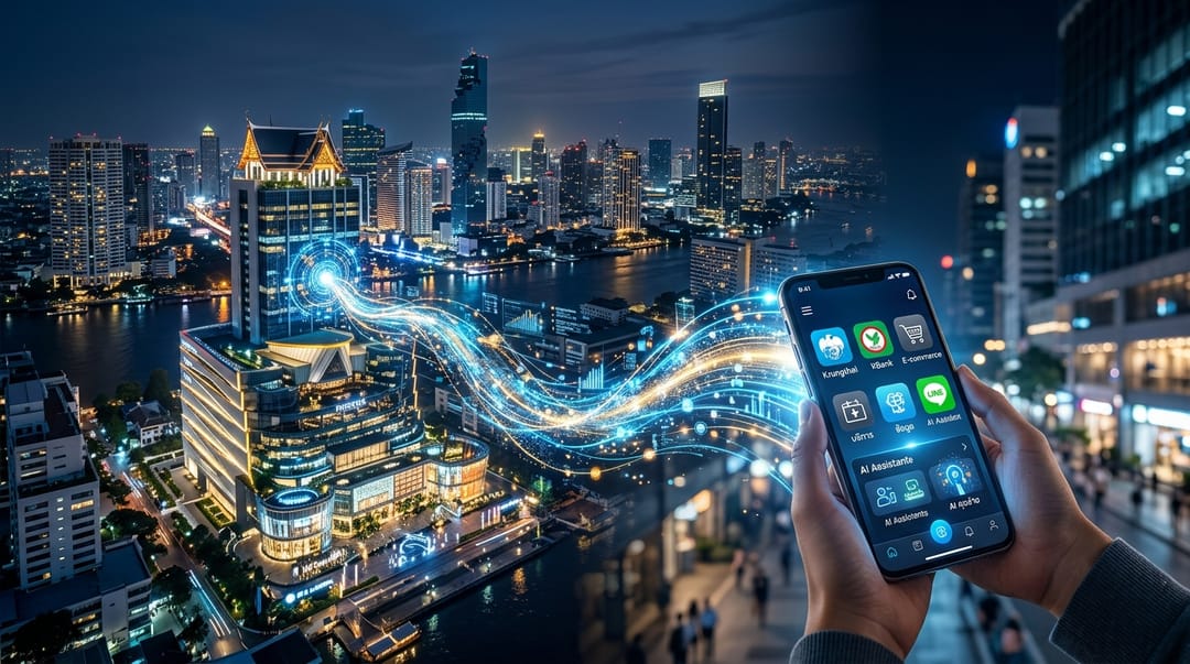 A futuristic digital abstract showing a glowing data pipeline connecting a modern Thai corporate skyline to a localized consumer mobile interface, symbolizing the bridge between enterprise AI and Thai consumers. Keywords: AI-first organization, Thai digital economy, data pipeline.