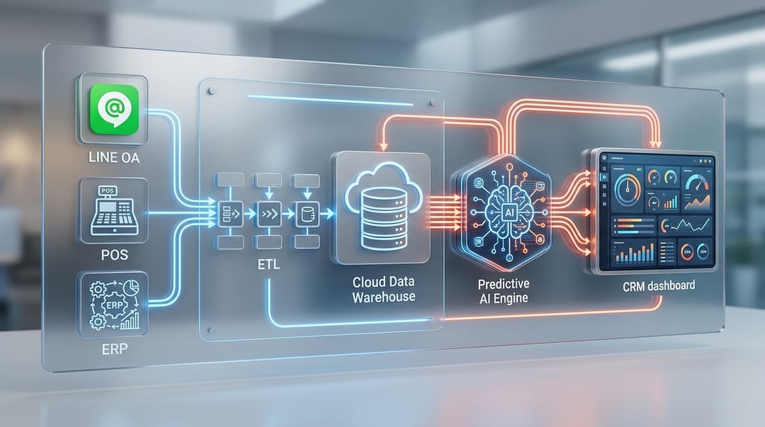 System architecture diagram showing data flowing from LINE OA, POS, and ERP into a centralized Cloud Data Warehouse, processed by an ETL pipeline, and feeding into a Predictive AI Engine that outputs actionable insights to a CRM dashboard. Keywords: predictive AI architecture, enterprise data pipeline, AI integration.