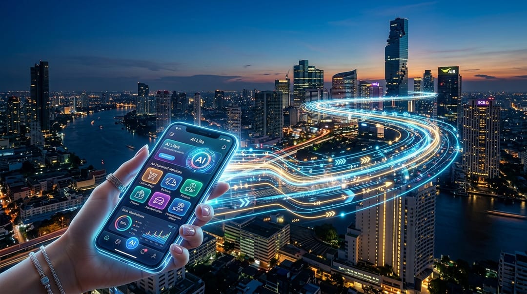 A futuristic digital abstract showing a glowing data pipeline connecting a modern Thai corporate skyline to a localized consumer mobile interface, symbolizing the bridge between enterprise AI and Thai consumers. Keywords: AI-first organization, Thai digital economy, data pipeline.