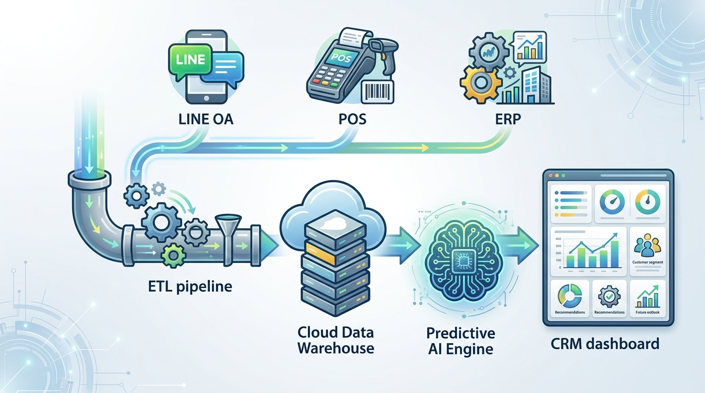 System architecture diagram showing data flowing from LINE OA, POS, and ERP into a centralized Cloud Data Warehouse, processed by an ETL pipeline, and feeding into a Predictive AI Engine that outputs actionable insights to a CRM dashboard. Keywords: predictive AI architecture, enterprise data pipeline, AI integration.