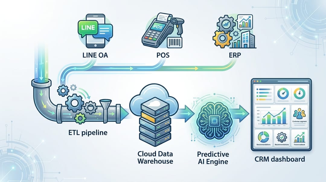 System architecture diagram showing data flowing from LINE OA, POS, and ERP into a centralized Cloud Data Warehouse, processed by an ETL pipeline, and feeding into a Predictive AI Engine that outputs actionable insights to a CRM dashboard. Keywords: predictive AI architecture, enterprise data pipeline, AI integration.