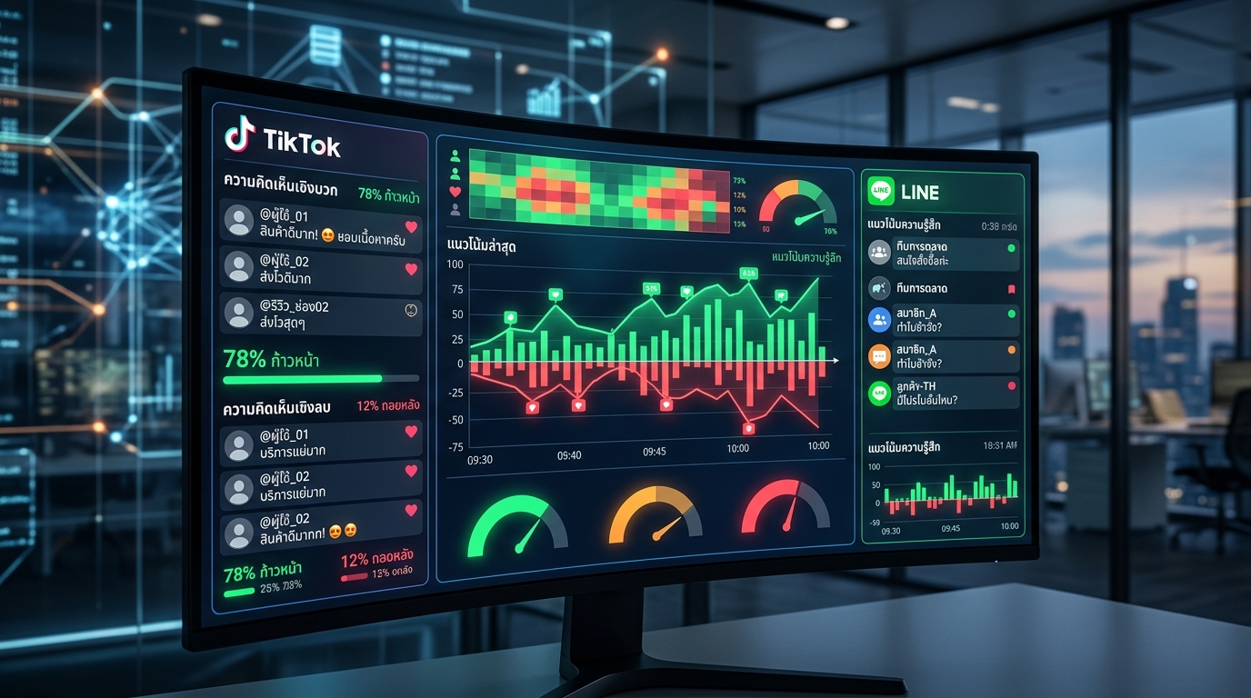A futuristic digital dashboard displaying Thai text from TikTok and LINE interfaces, with glowing sentiment analysis charts indicating positive and negative trends in real-time, professional corporate aesthetic