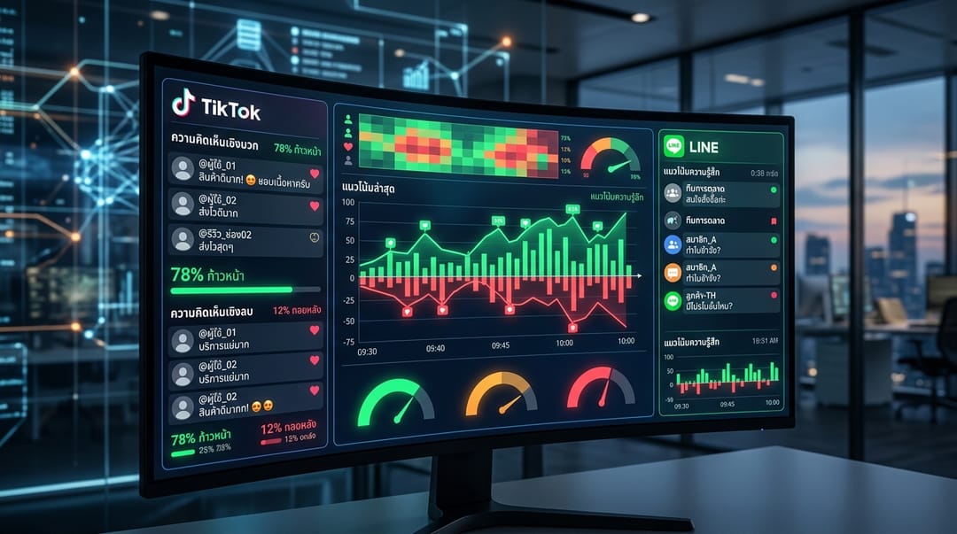 A futuristic digital dashboard displaying Thai text from TikTok and LINE interfaces, with glowing sentiment analysis charts indicating positive and negative trends in real-time, professional corporate aesthetic